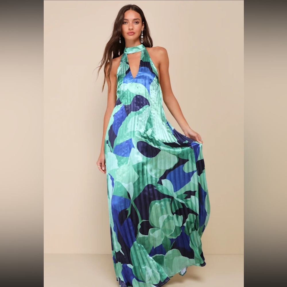 Lulus Prime Poise Green and Blue Abstract Satin Halter Maxi Dress